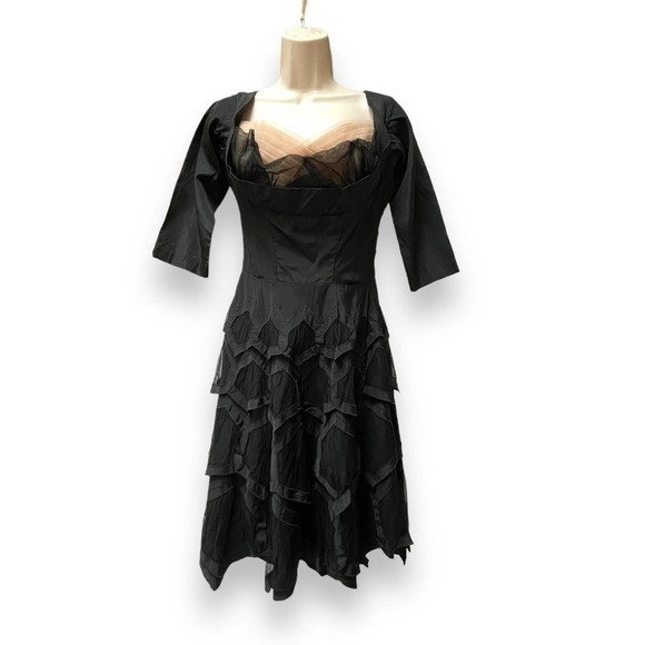 Vintage 1940s Black Silk Taffeta and Net Shelf Bust Cocktail Dress Side Zipper - Picture 1 of 16